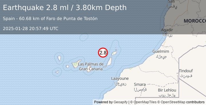 Earthquake CANARY ISLANDS, SPAIN REGION (2.5 ml) (2025-01-28 20:58:38 UTC)