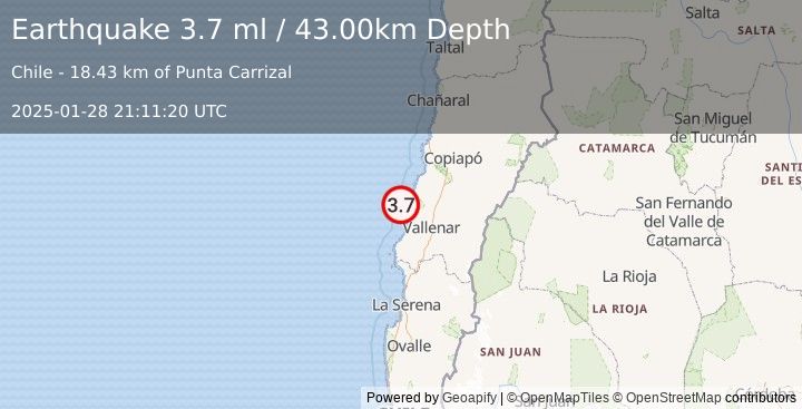 Earthquake ATACAMA, CHILE (3.6 ml) (2025-01-28 21:11:21 UTC)