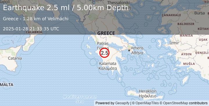 Earthquake SOUTHERN GREECE (2.5 ml) (2025-01-28 21:33:35 UTC)