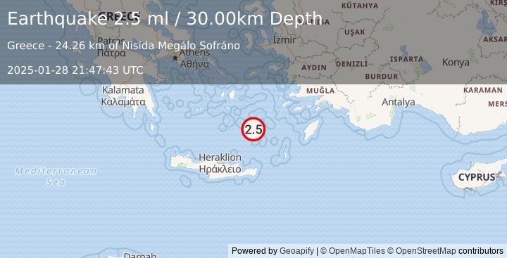 Earthquake DODECANESE ISLANDS, GREECE (2.5 ml) (2025-01-28 21:47:43 UTC)