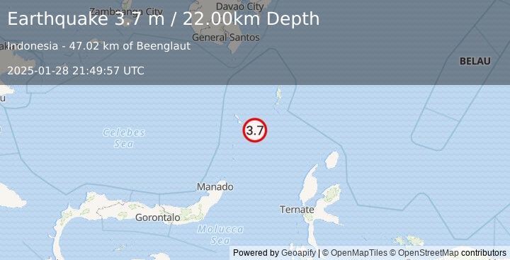 Earthquake KEPULAUAN TALAUD, INDONESIA (3.7 m) (2025-01-28 21:49:57 UTC)