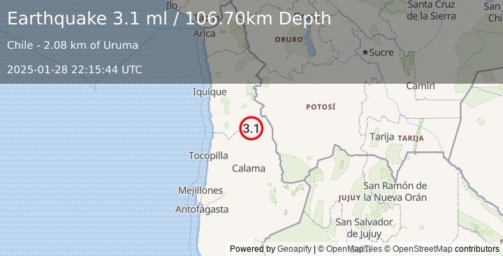 Earthquake ANTOFAGASTA, CHILE (3.1 ml) (2025-01-28 22:15:44 UTC)