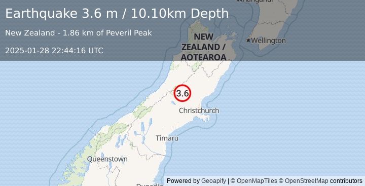 Earthquake SOUTH ISLAND OF NEW ZEALAND (3.6 m) (2025-01-28 22:44:16 UTC)