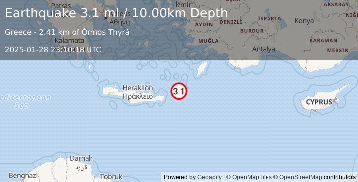 Earthquake DODECANESE ISLANDS, GREECE (3.4 ml) (2025-01-28 23:10:16 UTC)