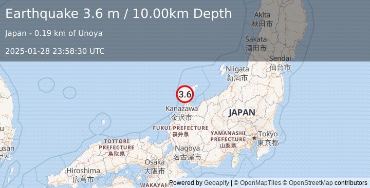 Earthquake NEAR WEST COAST OF HONSHU, JAPAN (3.6 m) (2025-01-28 23:58:30 UTC)