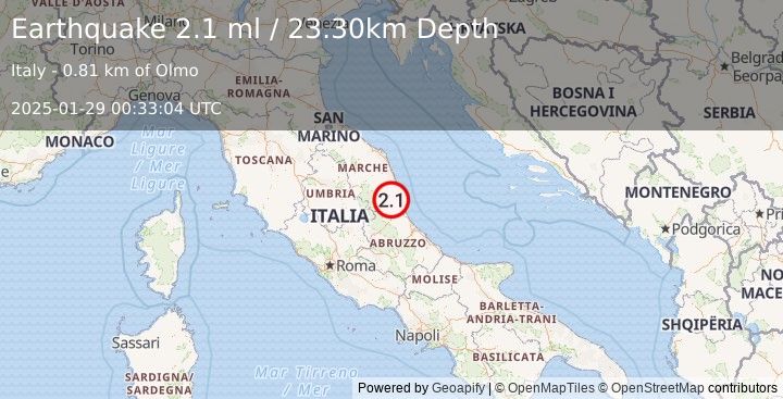 Earthquake CENTRAL ITALY (2.1 ml) (2025-01-29 00:33:04 UTC)