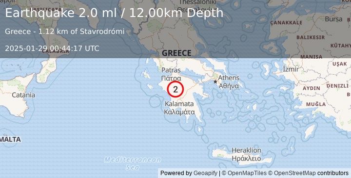 Earthquake SOUTHERN GREECE (2.0 ml) (2025-01-29 00:44:17 UTC)