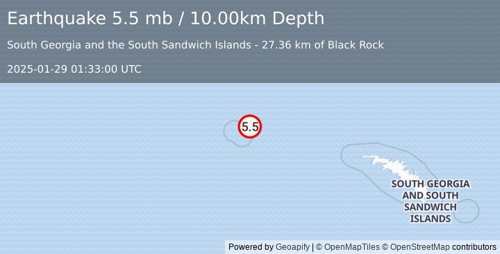 Earthquake SOUTH ATLANTIC OCEAN (5.5 mb) (2025-01-29 01:33:00 UTC)