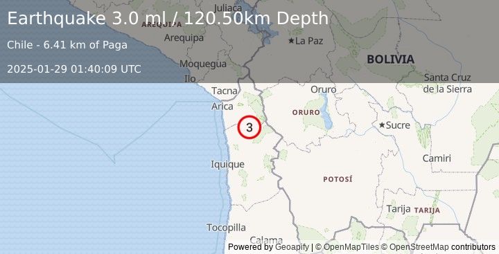 Earthquake TARAPACA, CHILE (3.0 ml) (2025-01-29 01:40:09 UTC)