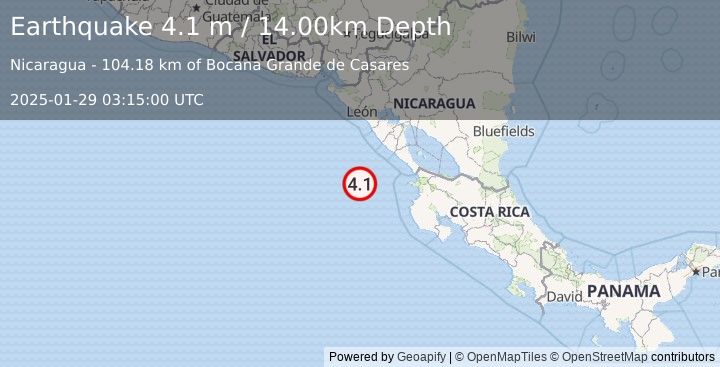 Earthquake OFF COAST OF COSTA RICA (4.1 m) (2025-01-29 03:15:00 UTC)