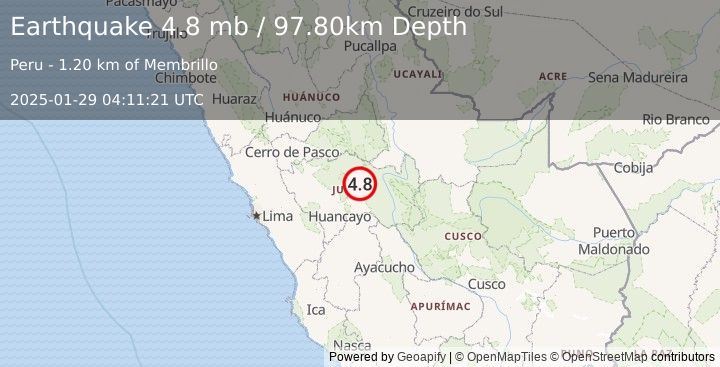 Earthquake CENTRAL PERU (4.8 mb) (2025-01-29 04:11:21 UTC)