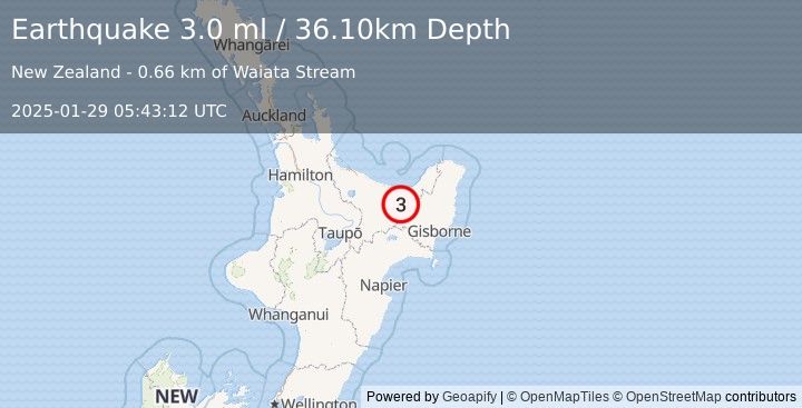 Earthquake NORTH ISLAND OF NEW ZEALAND (3.0 ml) (2025-01-29 05:43:12 UTC)