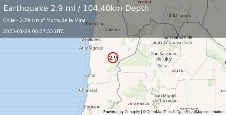 Earthquake ANTOFAGASTA, CHILE (2.9 ml) (2025-01-29 06:37:55 UTC)