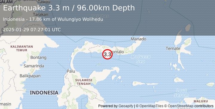 Earthquake MINAHASA, SULAWESI, INDONESIA (3.3 m) (2025-01-29 07:27:01 UTC)