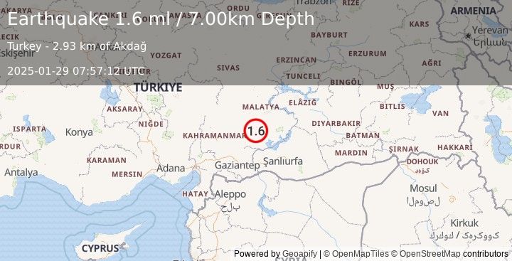 Earthquake CENTRAL TURKEY (1.6 ml) (2025-01-29 07:57:12 UTC)