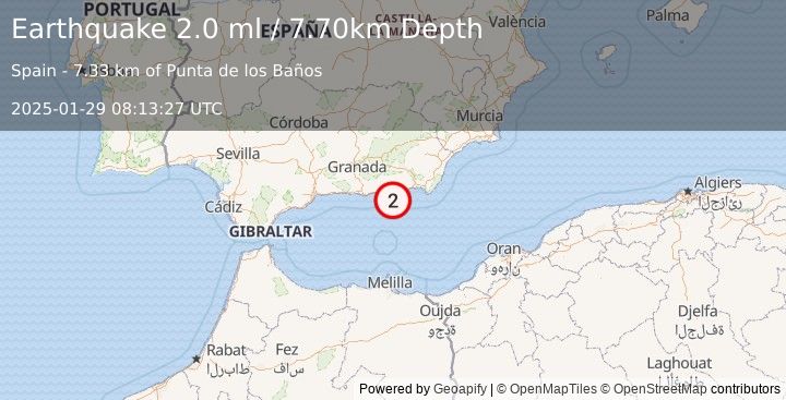 Earthquake STRAIT OF GIBRALTAR (2.0 ml) (2025-01-29 08:13:27 UTC)