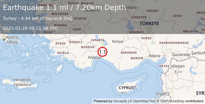 Earthquake WESTERN TURKEY (1.1 ml) (2025-01-29 08:21:58 UTC)