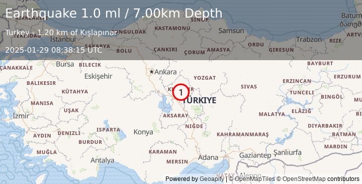 Earthquake CENTRAL TURKEY (1.0 ml) (2025-01-29 08:38:15 UTC)