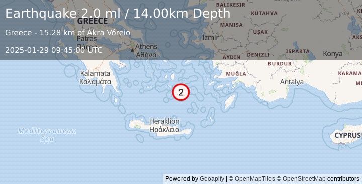 Earthquake DODECANESE ISLANDS, GREECE (2.0 ml) (2025-01-29 09:45:00 UTC)