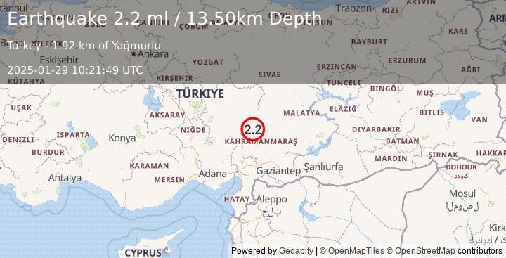 Earthquake CENTRAL TURKEY (2.2 ml) (2025-01-29 10:21:49 UTC)