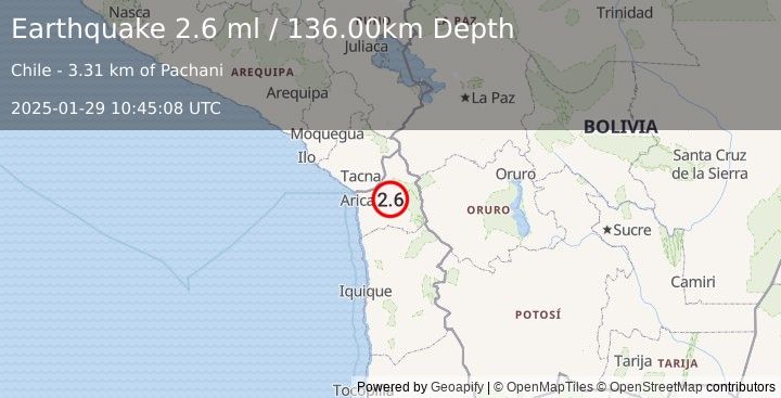 Earthquake TARAPACA, CHILE (2.6 ml) (2025-01-29 10:45:08 UTC)