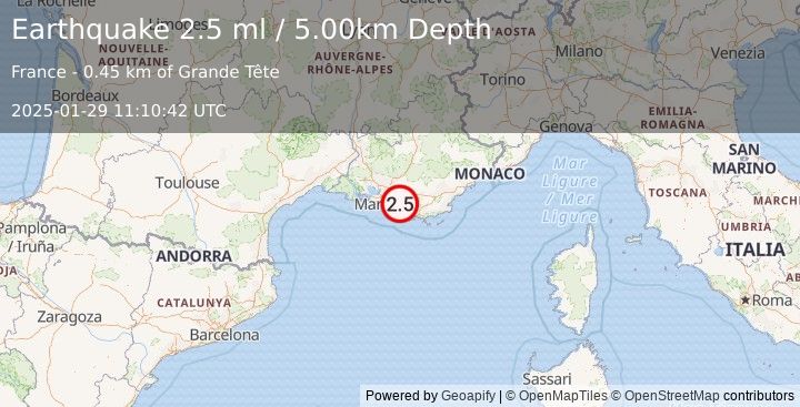 Earthquake NEAR SOUTH COAST OF FRANCE (2.5 ml) (2025-01-29 11:10:42 UTC)