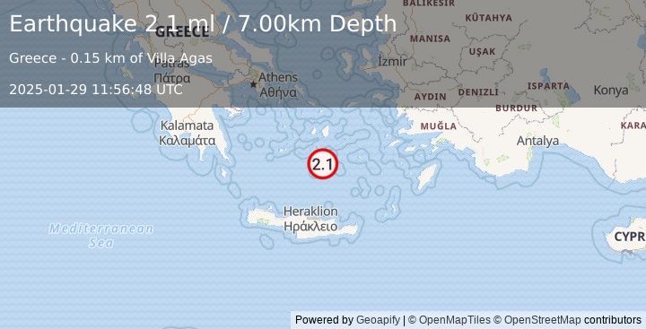 Earthquake DODECANESE ISLANDS, GREECE (2.1 ml) (2025-01-29 11:56:48 UTC)