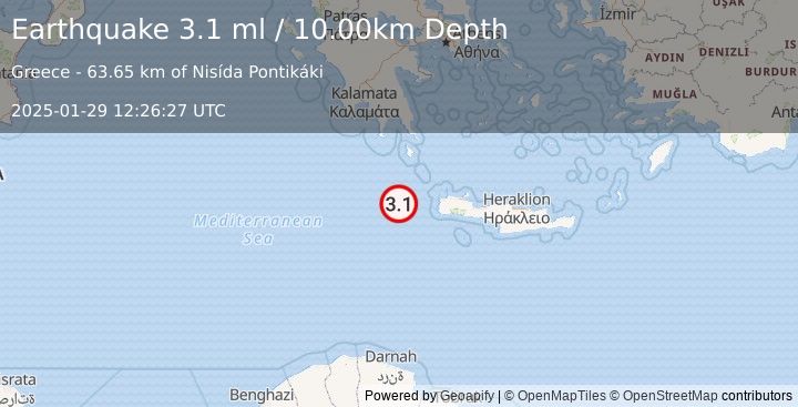 Earthquake CENTRAL MEDITERRANEAN SEA (3.0 ml) (2025-01-29 12:26:29 UTC)