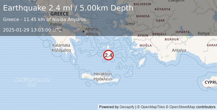 Earthquake DODECANESE ISLANDS, GREECE (2.4 ml) (2025-01-29 13:03:00 UTC)