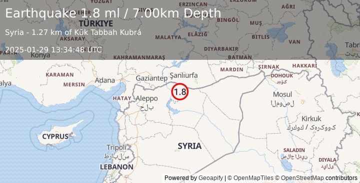 Earthquake TURKEY-SYRIA BORDER REGION (1.8 ml) (2025-01-29 13:34:48 UTC)