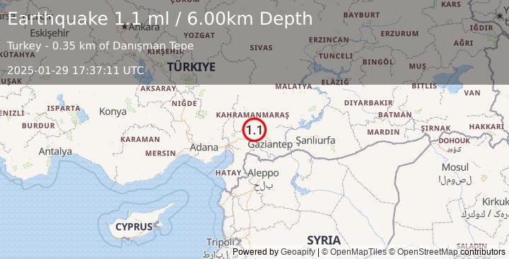 Earthquake CENTRAL TURKEY (1.1 ml) (2025-01-29 17:37:11 UTC)