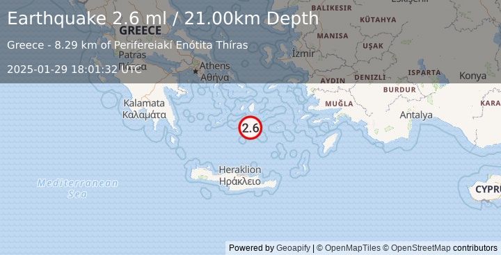 Earthquake DODECANESE ISLANDS, GREECE (2.6 ml) (2025-01-29 18:01:32 UTC)