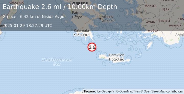 Earthquake SOUTHERN GREECE (2.6 ml) (2025-01-29 18:27:29 UTC)