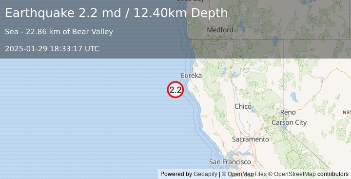 Earthquake OFFSHORE NORTHERN CALIFORNIA (2.2 md) (2025-01-29 18:33:17 UTC)