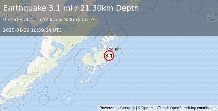 Earthquake KODIAK ISLAND REGION, ALASKA (3.1 ml) (2025-01-29 18:59:04 UTC)