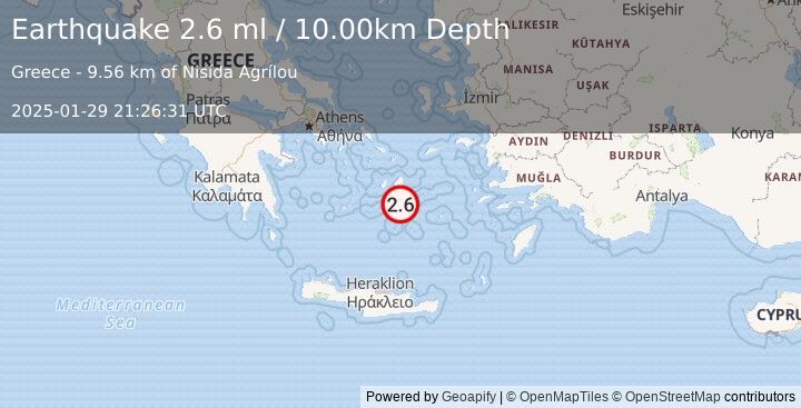 Earthquake DODECANESE ISLANDS, GREECE (2.6 ml) (2025-01-29 21:26:31 UTC)