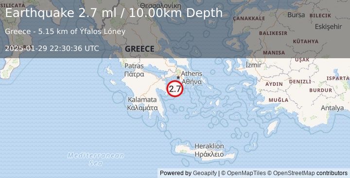 Earthquake SOUTHERN GREECE (2.7 ml) (2025-01-29 22:30:36 UTC)