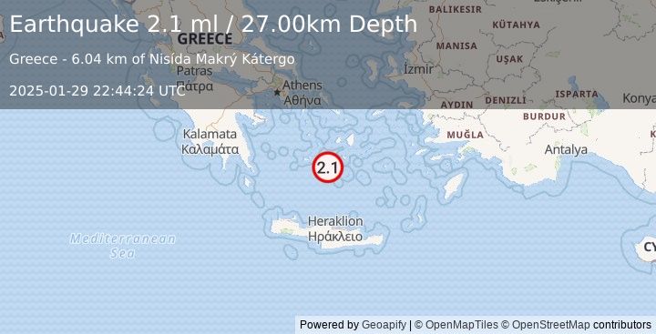 Earthquake SOUTHERN GREECE (2.1 ml) (2025-01-29 22:44:24 UTC)