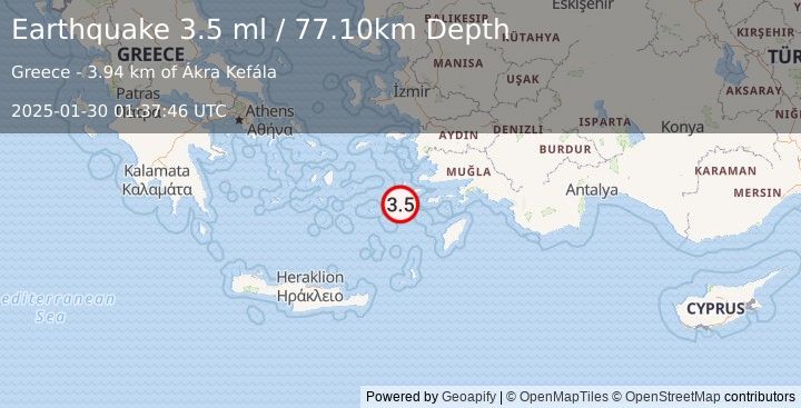 Earthquake DODECANESE ISLANDS, GREECE (3.5 ml) (2025-01-30 01:37:43 UTC)