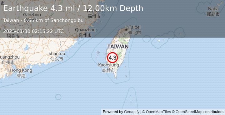 Earthquake TAIWAN (4.3 ml) (2025-01-30 02:15:22 UTC)