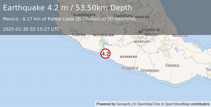 Earthquake GUERRERO, MEXICO (4.2 m) (2025-01-30 02:15:27 UTC)