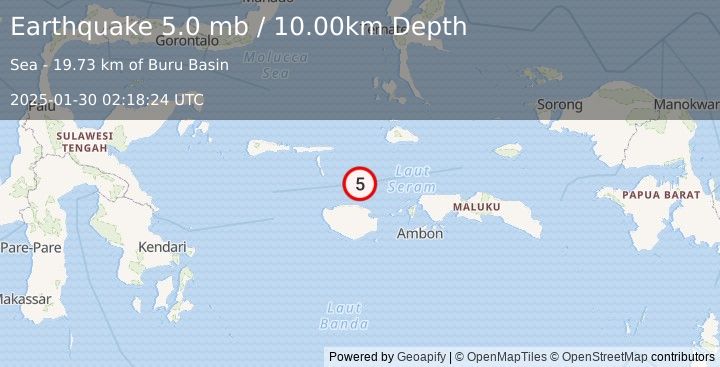 Earthquake CERAM SEA, INDONESIA (5.0 mb) (2025-01-30 02:18:24 UTC)