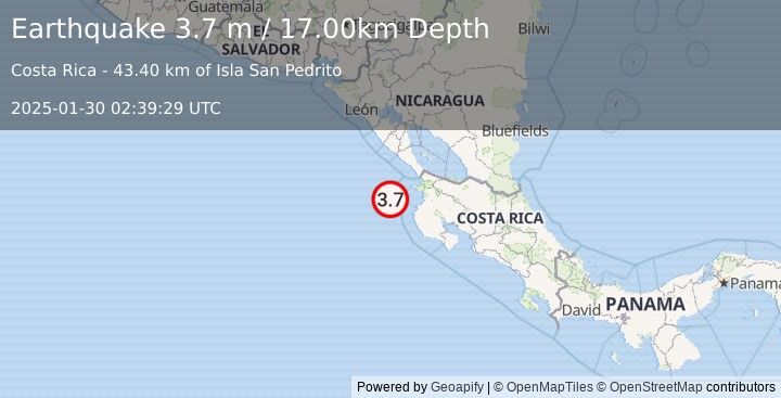 Earthquake OFF COAST OF COSTA RICA (3.7 m) (2025-01-30 02:39:29 UTC)