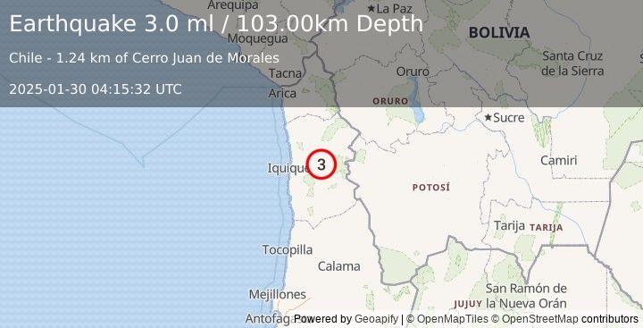 Earthquake TARAPACA, CHILE (3.0 ml) (2025-01-30 04:15:32 UTC)