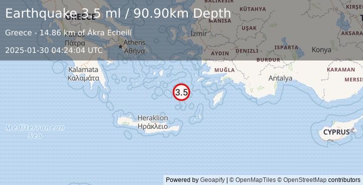 Earthquake DODECANESE ISLANDS, GREECE (3.5 ml) (2025-01-30 04:24:04 UTC)