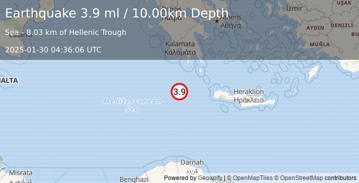 Earthquake CENTRAL MEDITERRANEAN SEA (3.9 ml) (2025-01-30 04:36:06 UTC)