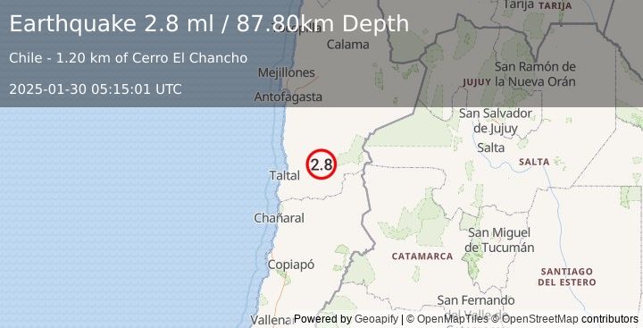 Earthquake ANTOFAGASTA, CHILE (2.8 ml) (2025-01-30 05:15:01 UTC)