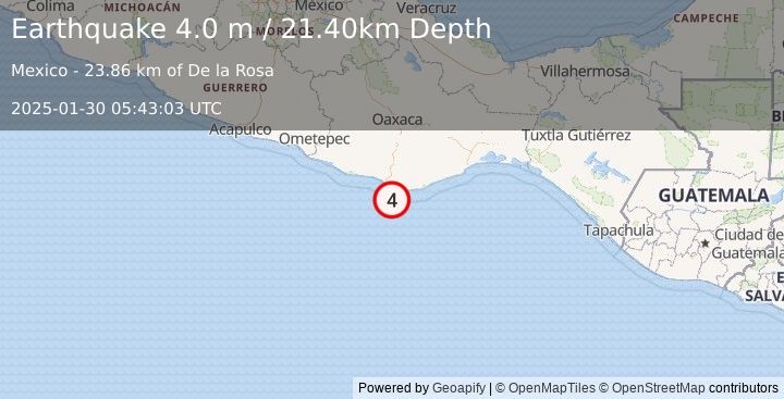 Earthquake OFFSHORE OAXACA, MEXICO (4.0 m) (2025-01-30 05:43:03 UTC)