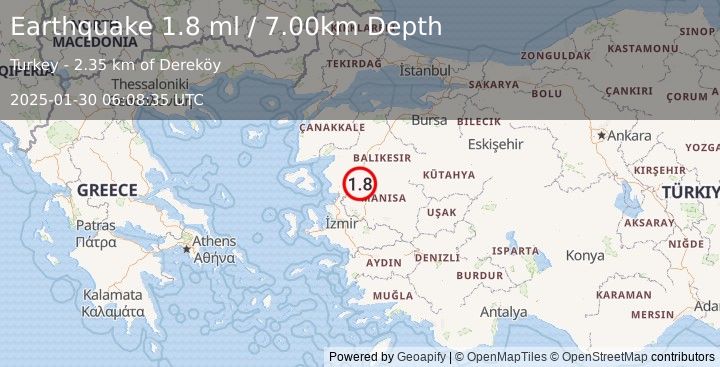 Earthquake WESTERN TURKEY (1.8 ml) (2025-01-30 06:08:35 UTC)