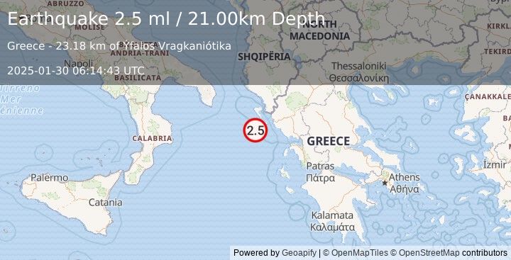 Earthquake KERKIRA REGION, GREECE (2.5 ml) (2025-01-30 06:14:43 UTC)